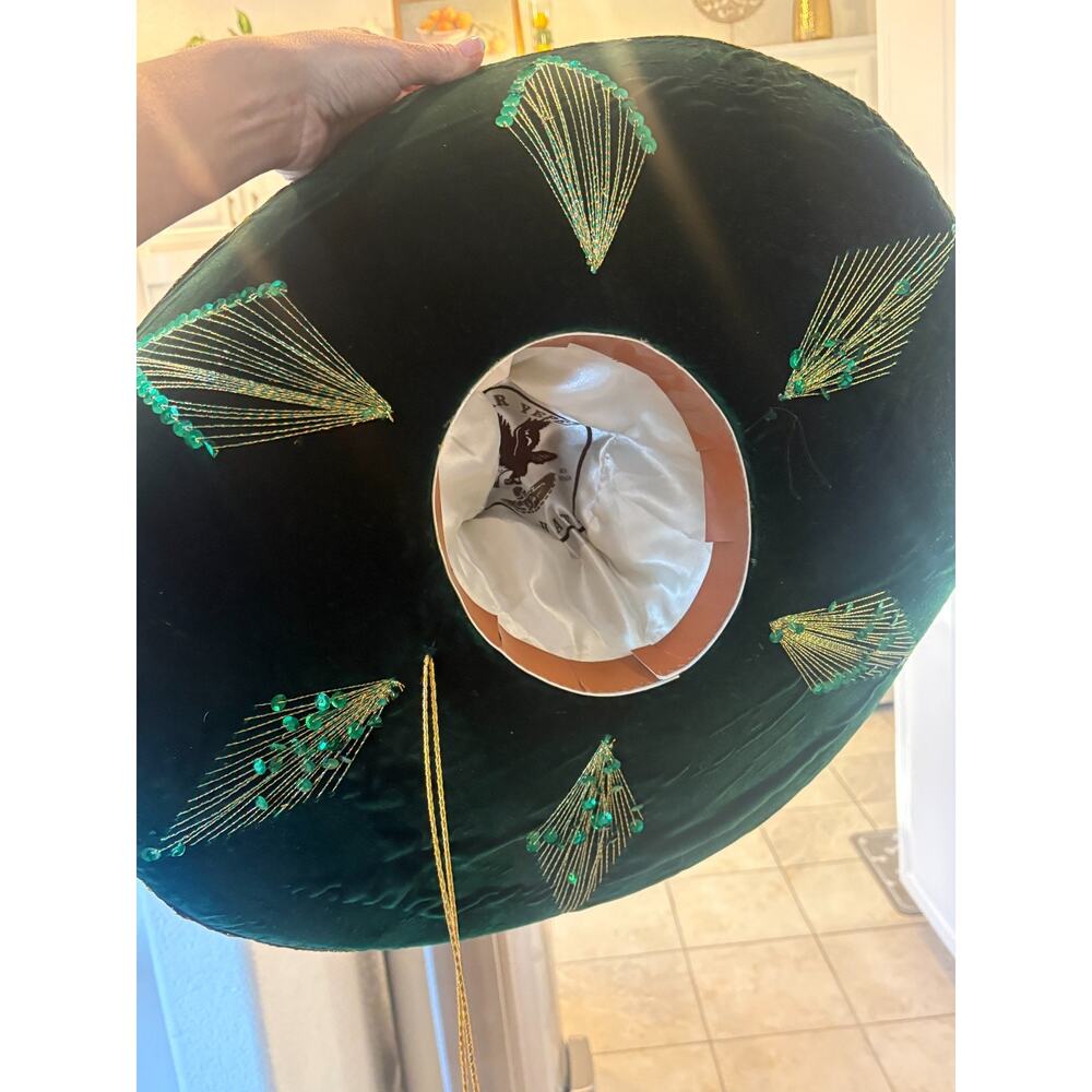 Pigalle Salazar Green Velvet Gold Sombrero Made In Mexico - Picture 6 of 7